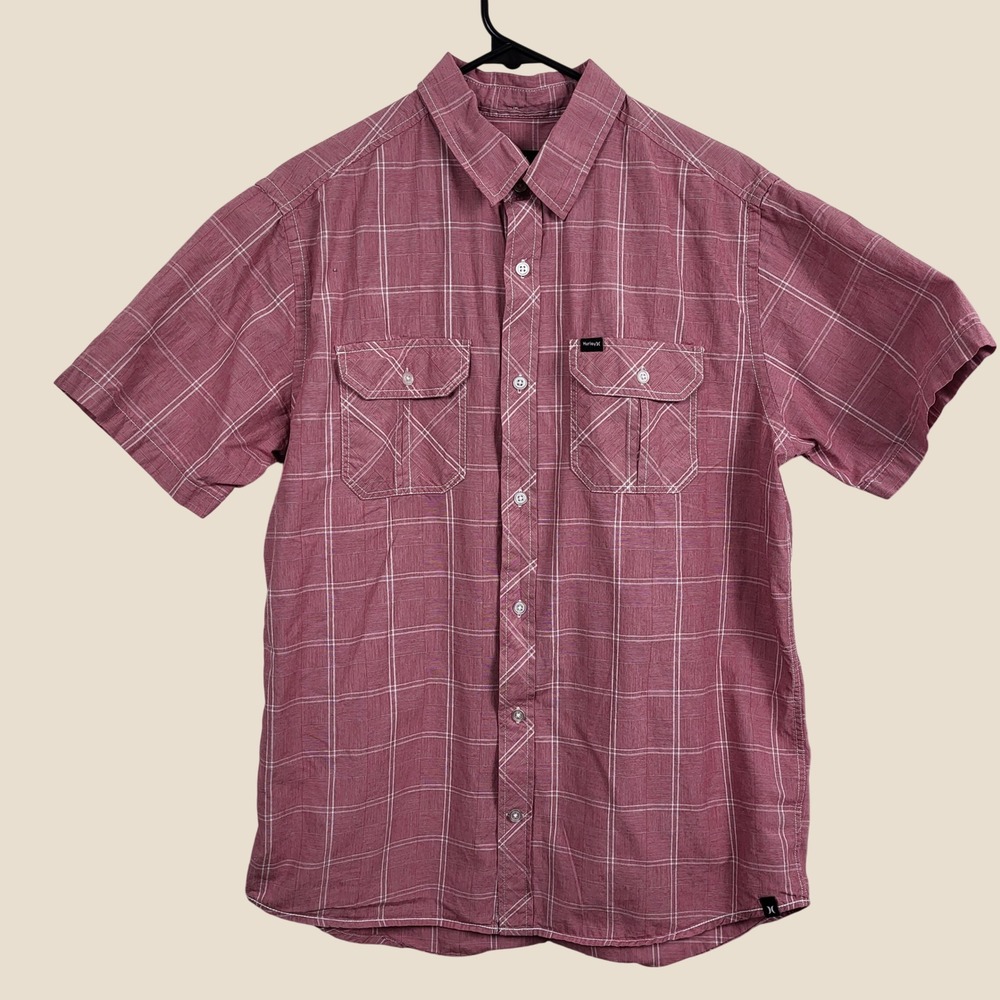 Hurley Button Up Shirt Mens M Pink Plaid‎ Short Sleeve Buckle Casual Surf Cotton